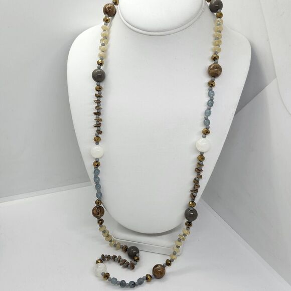 Acrylic‎ Bead Necklace Blue Brown Gray Gold - Picture 1 of 7